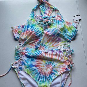 California Waves Trendy Plus Size Tie-Dye Printed Strappy Flounce Bikini